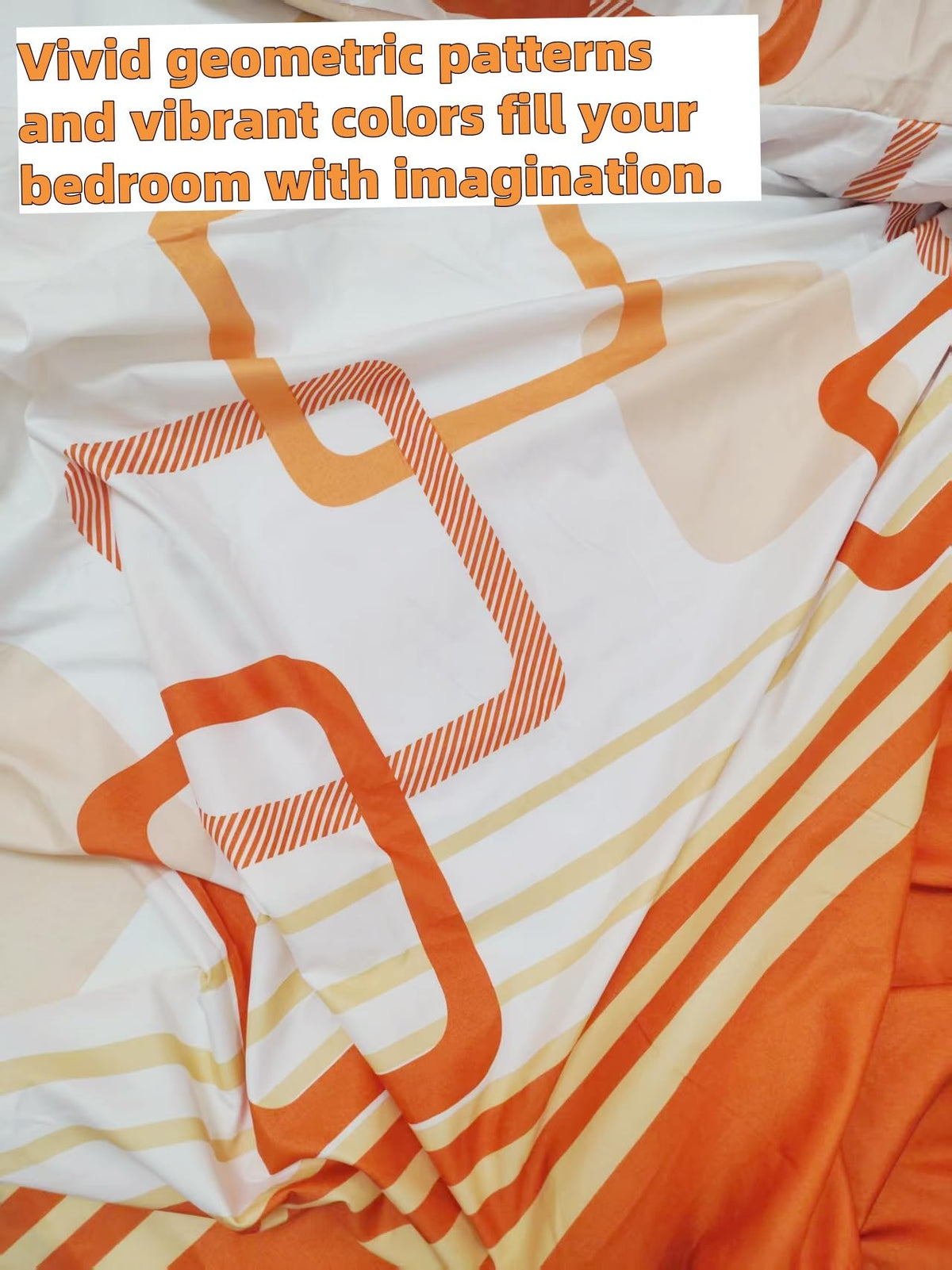 6Pcs Bed Sheet Set King Size, Orange White Geometric Soft Microfiber Bedding Sets with 1 Square Rectangle Patterned Sheet 1 Deep Pocket Fitted Sheet and 4 Pillowcases