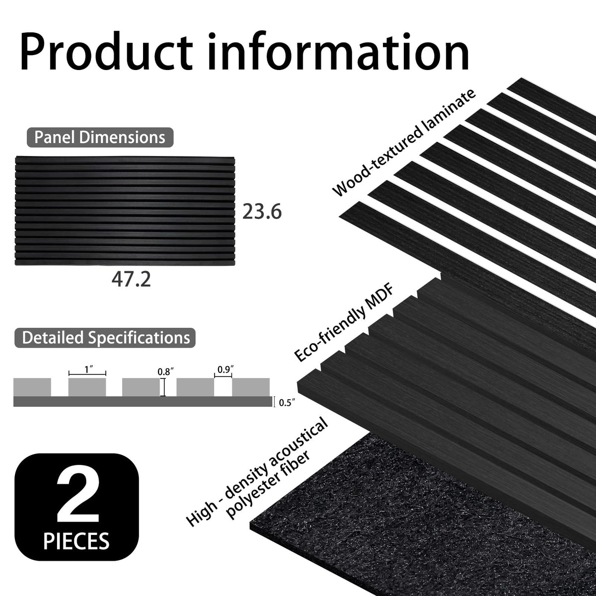 Yun-aeon Matte Black 4 Pack Wood Slat Acoustic Panels 47.2 x 23.6 Inch 3D Fluted Design for Sound Absorbing Wall and Ceiling Noise Reduction Home Theater Office Modern Decor