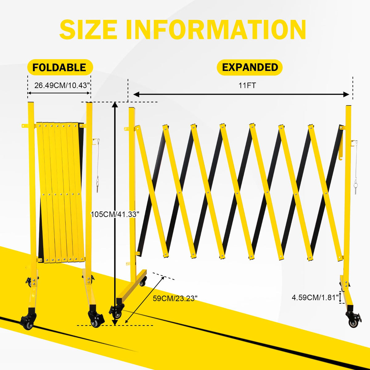 Bstyjqxh 11FT Traffic Barricade with Casters, Metal Expandable Barricade, Folding Security Gate, Retractable Fence Outdoor Barricade Fence for Construction Area, Traffic Control, Yellow