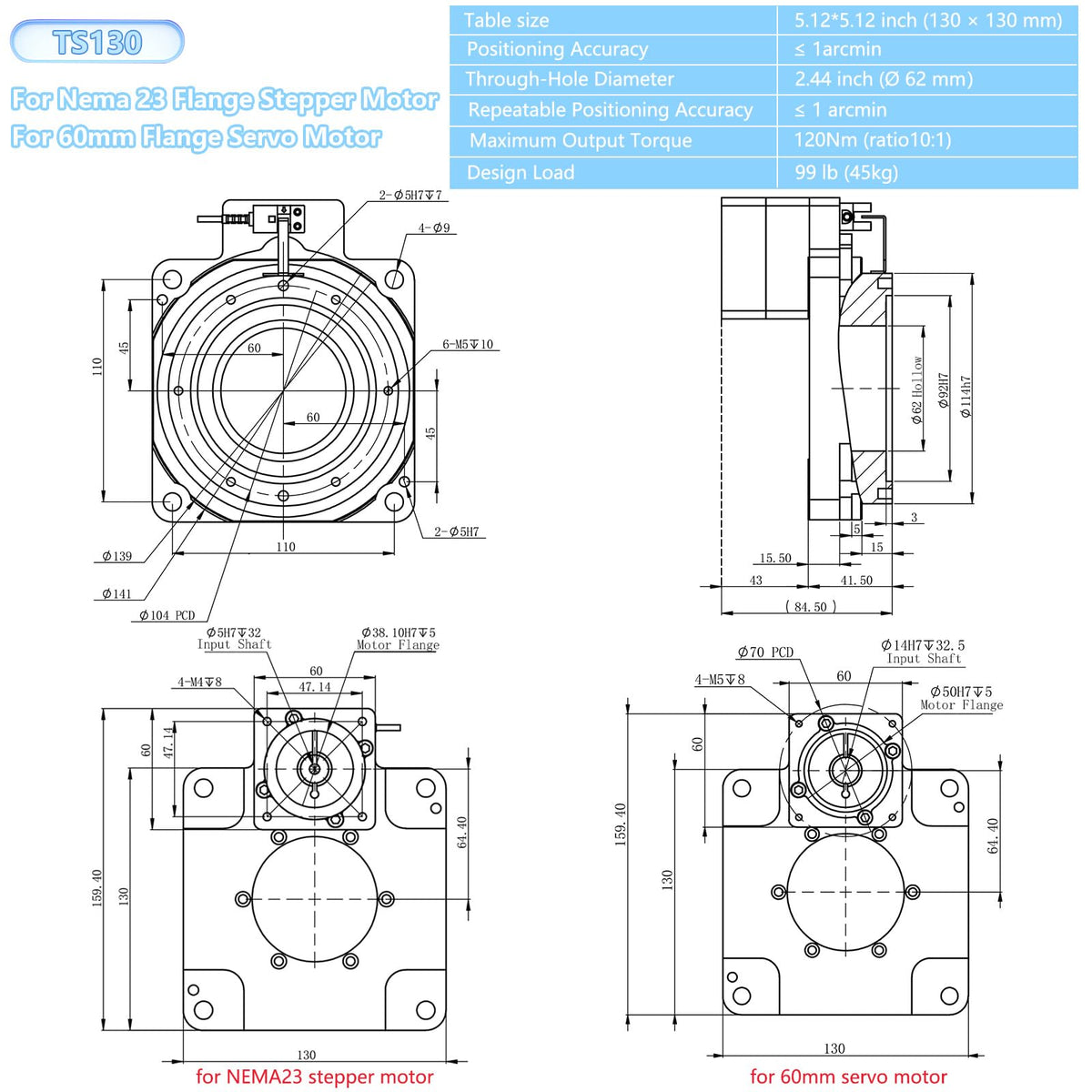 Hollow Rotating Platform 130mm 10:1 Ratio with 3Nm Integrated NEMA23 57mm Closed Loop Stepper Motor Driver Kit 45kg Load High Precision ≤1 Arcmin Speed Reducer for Automation Indexing Table Robotic