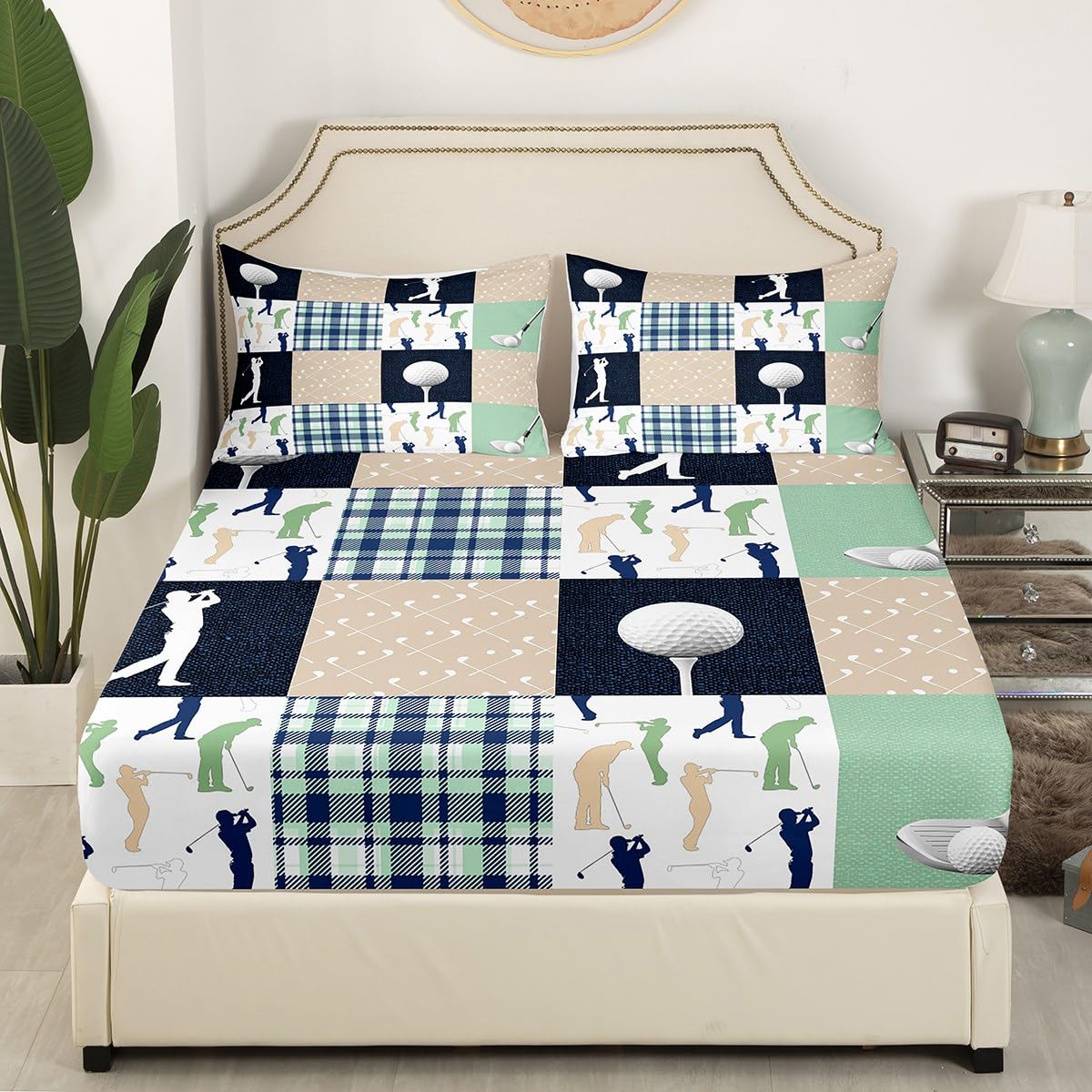 Castle Fairy Golf Plaid Bed Sheet Set Twin Size,Kids Ball Sports Lover Style Sheet Set Room Decor,Green Buffalo Grid Geometric Bedding Set for Boys Teens,(1 Fitted+1 Flat+1 Pillowcase)