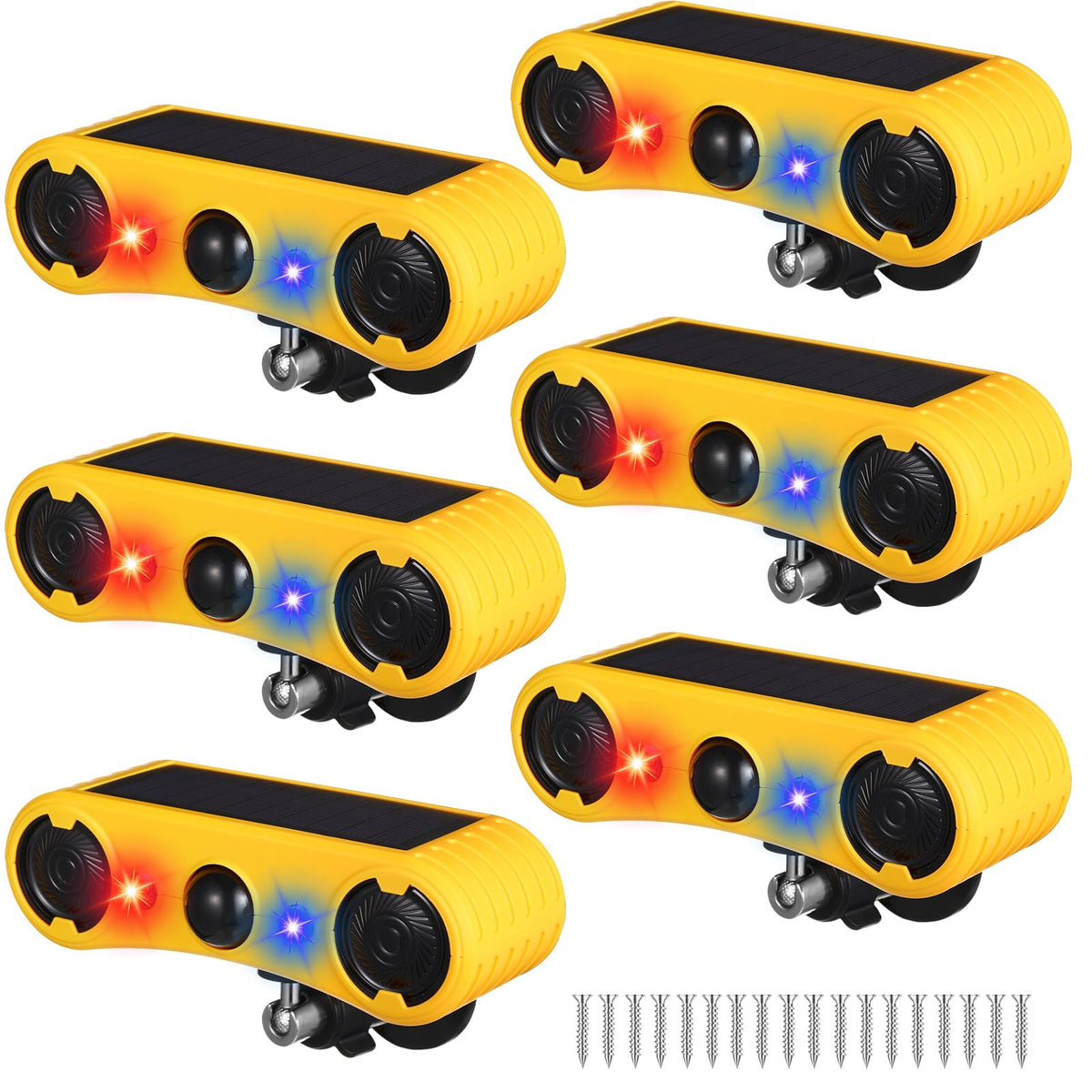 Qualirey Solar Outdoor Motion Sensor Alarm 2 x 129dB Loud Noise Maker 13 Sound Detector Strobe Light, 4 Modes Animal Deterrent Dog Barking Alarm Mount on Ground or Fence for Garden Yard(6 Pack)