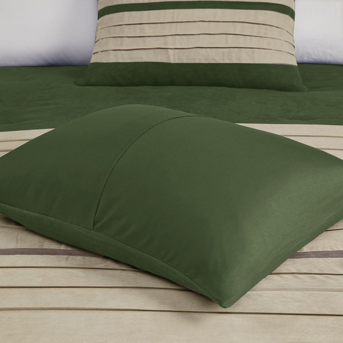 Madison Park Palmer Comforter Set-Luxury Faux Suede Design, Striped Accent, All Season Down Alternative Bedding, Matching Shams, Decorative Pillow, Bed Skirt, King (104 in x 92 in), Green 7 Piece