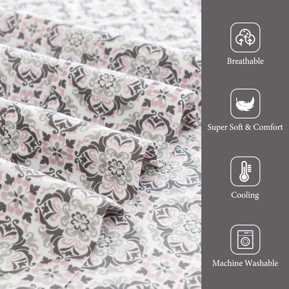 KACEMOO Queen Sheet Set 4PC Printed Sheets Beige Floral Sheets Queen Pattern Boho Sheet Set Cooling Deep Pocket Microfiber Bed Sheets, Luxury, Soft, Breathable, Hypoallergenic, Wrinkle Free