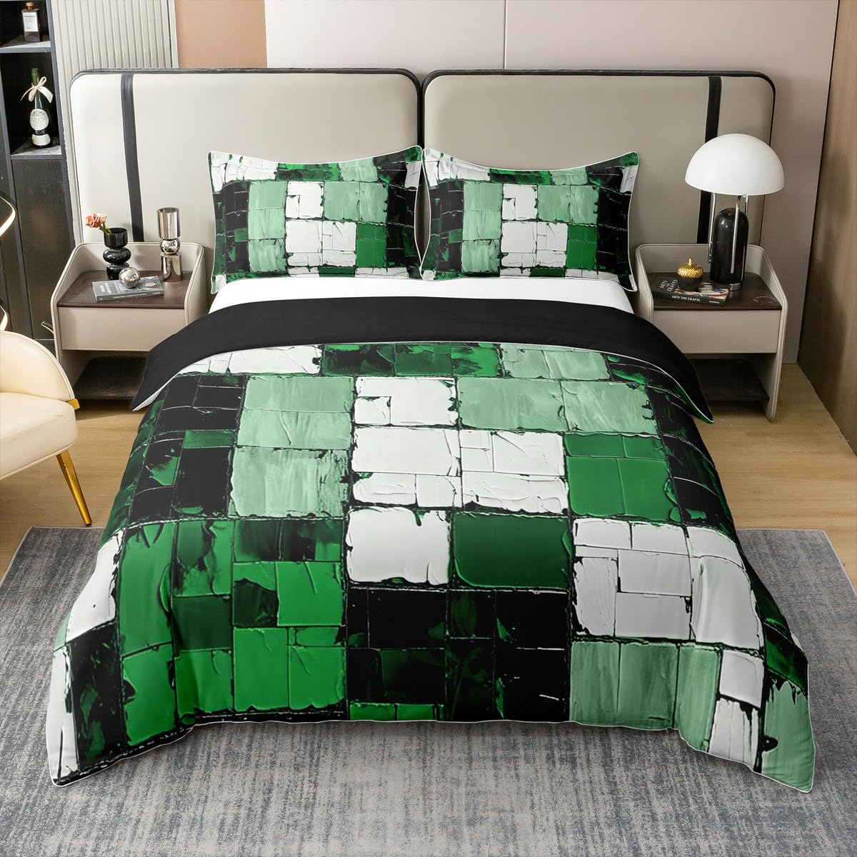 jejeloiu Green Black Abstract Duvet Cover 100% Cotton Geometric Minimalist Square Bedding Set King Size for Kids Boys Girls Modern Abstract Art Comforter Cover（No Comforter）