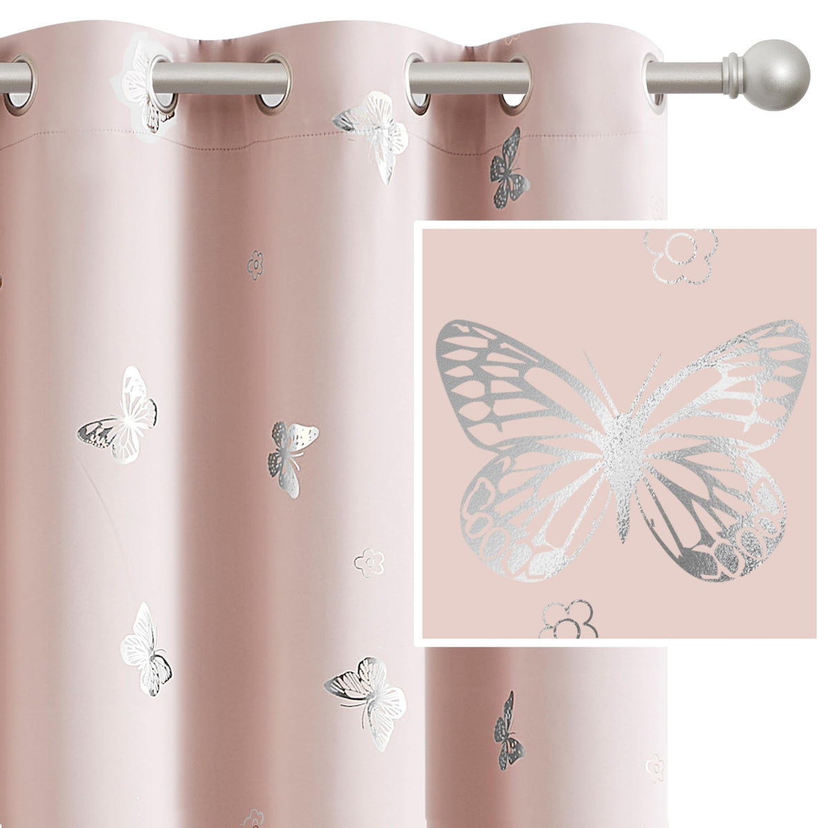 Jubilantex Pink Metallic Silver Butterfly Blackout Curtains 54" Long for Small Window Girls Bedroom Nursery Window Curtains,Grommet Top 2 Panels
