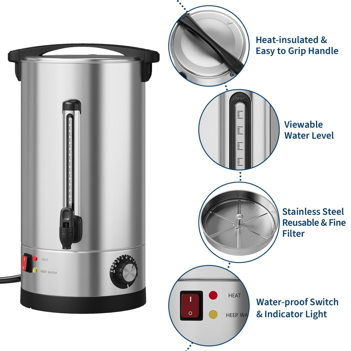 Sunvasagoo 110 Cups Double Wall Insulated Commercial Coffee Urn, 16L / 4.2 Gal Stainless Steel Hot Beverage Dispenser with Auto Temperature Control for Catering & Buffets, Silver
