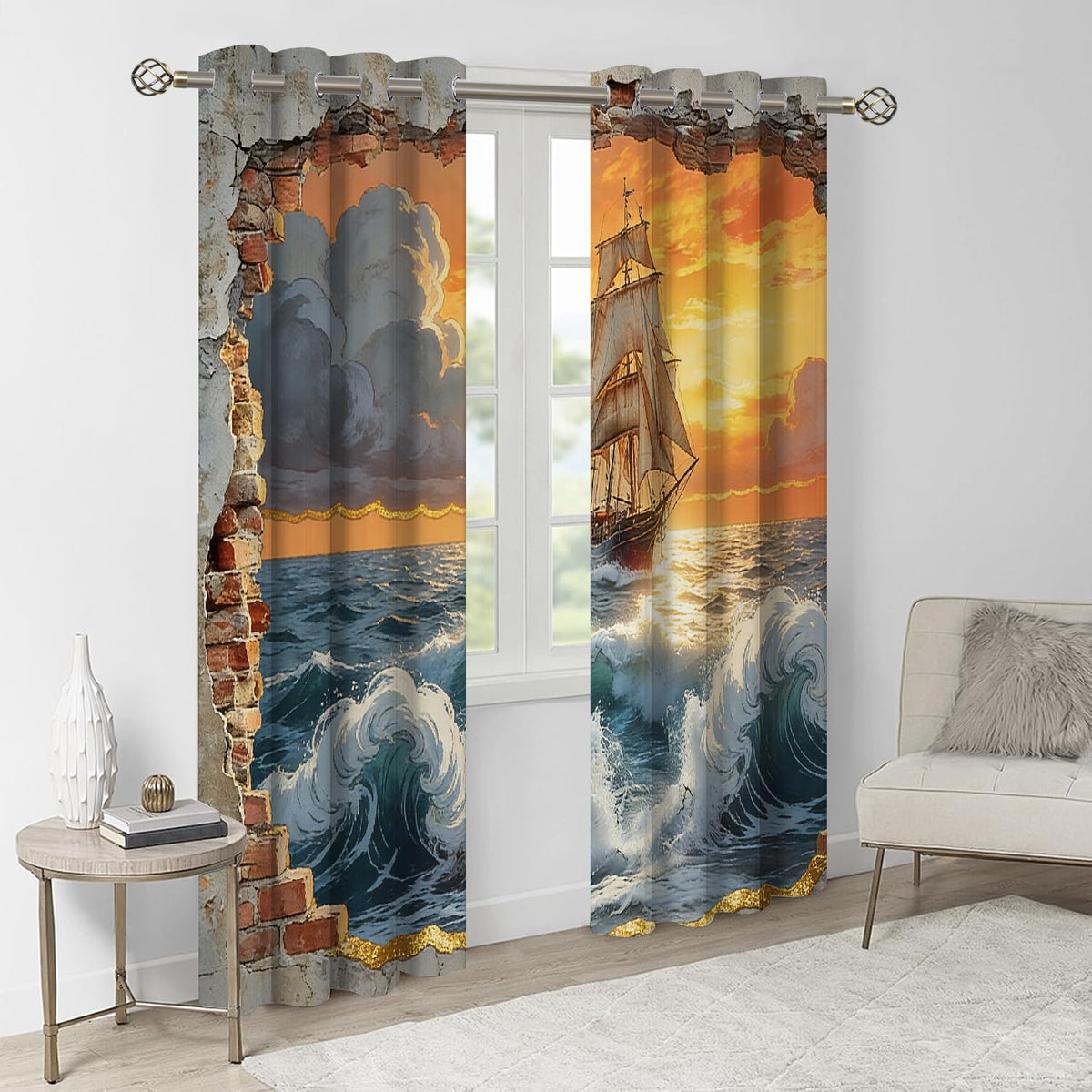 Ocean Sailing Ship Blackout Curtains, Sunset Sky Clouds 3D Printed Top Grommet Drapes 2 Panels, Thermal Insulated Energy Saving Drapes for Bedroom Living Room(104" W x 72 "L)