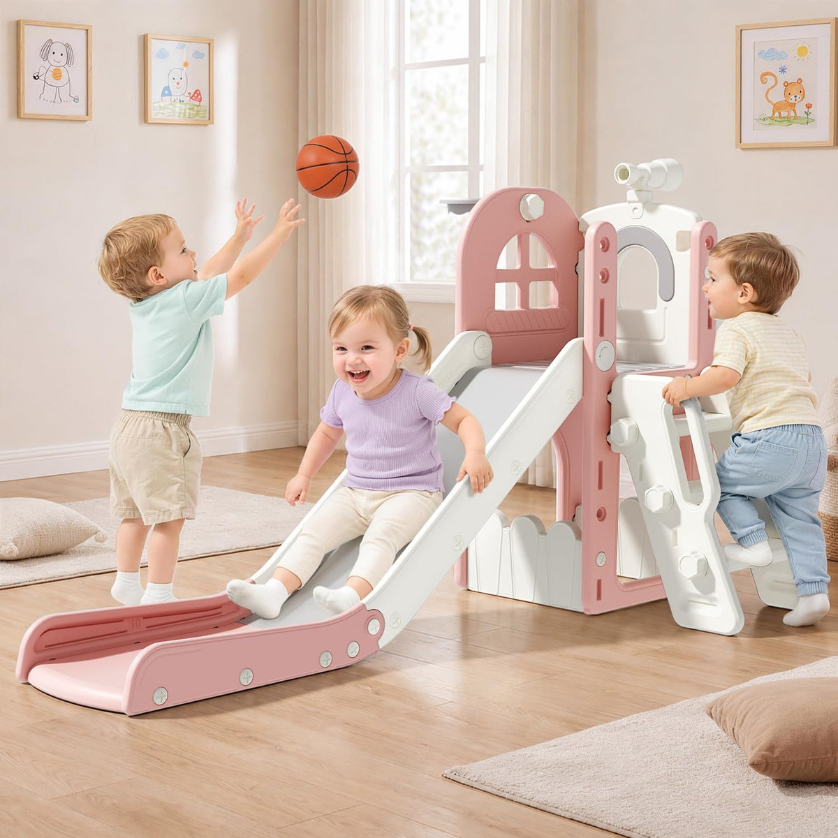 Babytronic Toddler Slide for Kids 1-3, 6-in-1 Toddler Slide Set with Basketball Hoop & Telescope, Indoor Outdoor Toddler Playset, Kids Climber Playset for Small Spaces, Indoor Playground, Pink