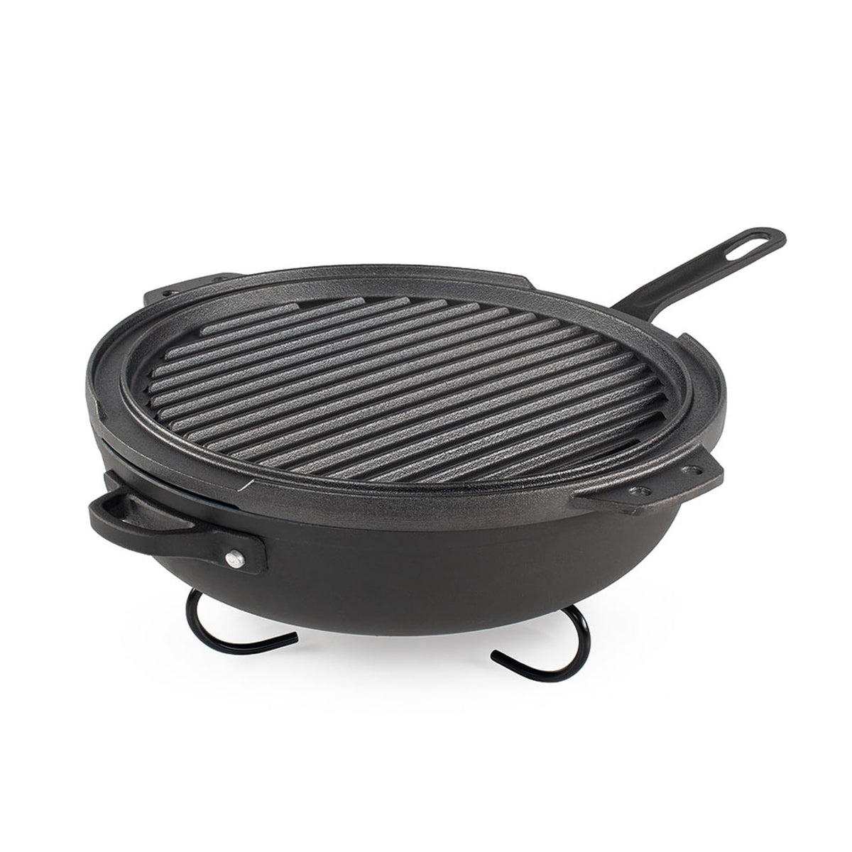 GSI Outdoors Guidecast Outdoor Cookset: 10" Deep Frypan with Dome Lid, Dual-Sided Cast Iron Griddle/Grill, Removable Handles