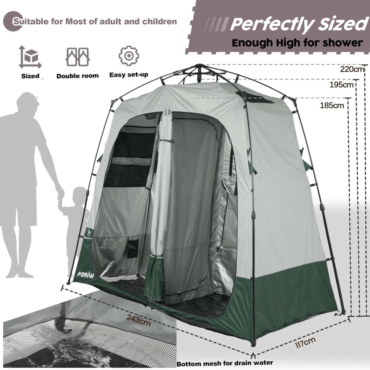 Porayhut Portable Camping Shower Tent Deluxe Changing Room Easy Set Up Privacy Shelter,Large Toilet Tent 2 Rooms with Floor Drain Design for Beach, Camping,Hiking with Stakes and Ropes for Stability