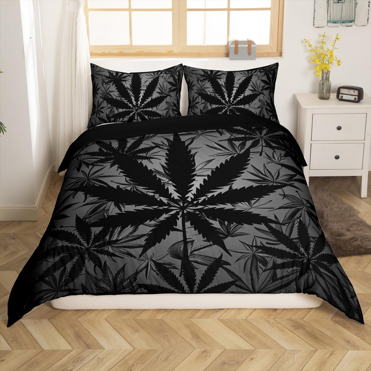 Erosebridal Leaf Bedding Set for Kids Boys Girls Teens,Neon Leaves Duvet Cover Queen,Leaf Bed Sets Lightweight,Botanical Plants Quilt Cover with 2 Pillowcases