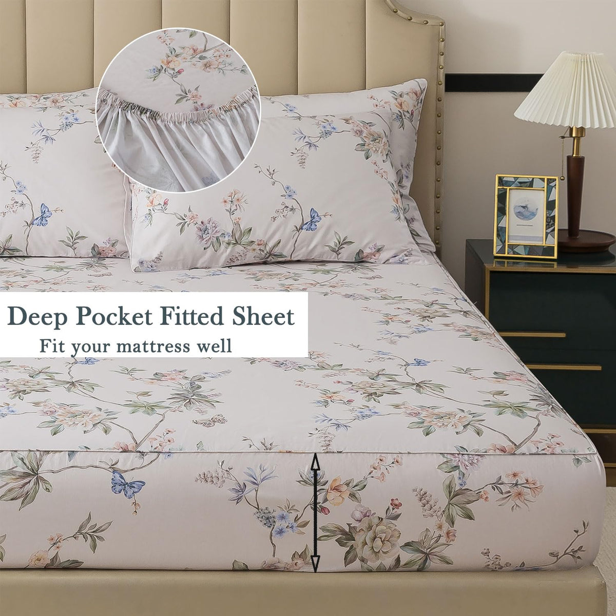 FADFAY California King Sheet Set Percale Cotton, Soft Deep Pocket Fitted Sheet, Country Style Floral & Butterfly Pattern Bedding for All Seasons, Crisp & Breathable for Hot Sleepers,4Pcs