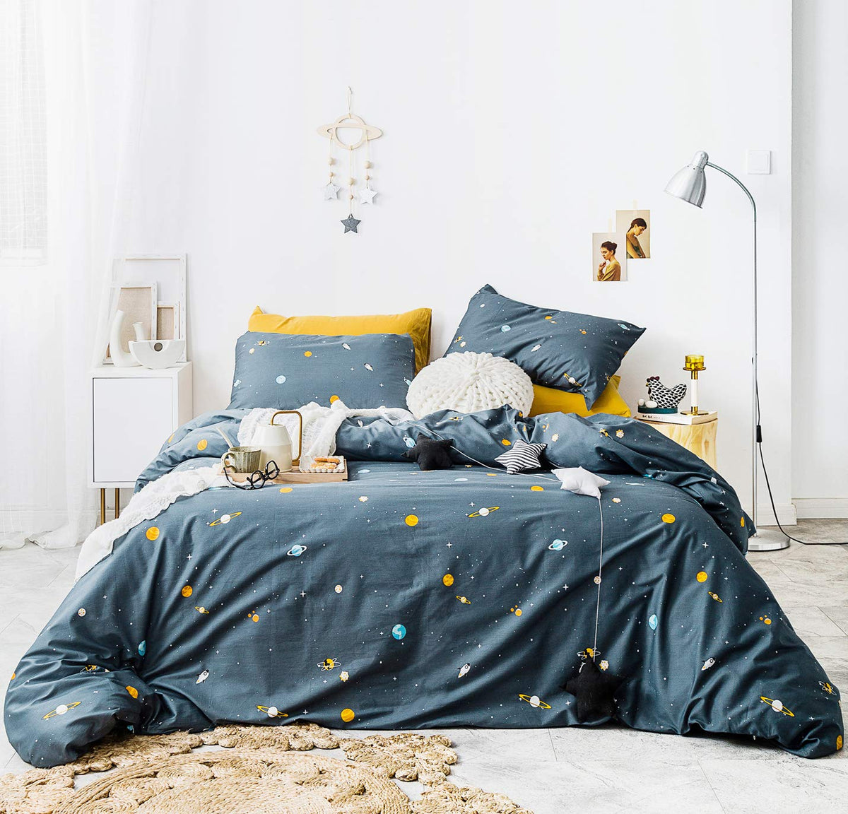 YuHeGuoJi Teal Space Duvet Cover Queen 100% Cotton 3 Pcs Set 1 Cartoon Yellow Blue Galaxy Duvet Cover with Zipper Ties 2 Pillowcases Modern Celestial Planet White Stars Bedding Set Soft