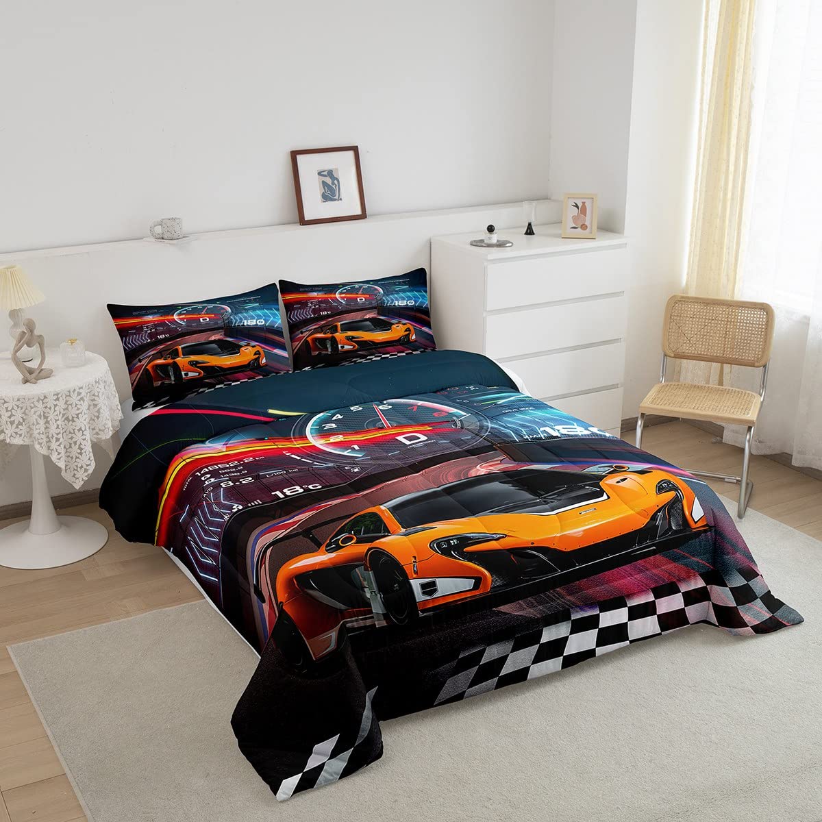 Feelyou Race Car Bedding Set - Extreme Sports Comforter Set for Kids - Queen Size, 1 Comforter Set with 2 Pillowcases