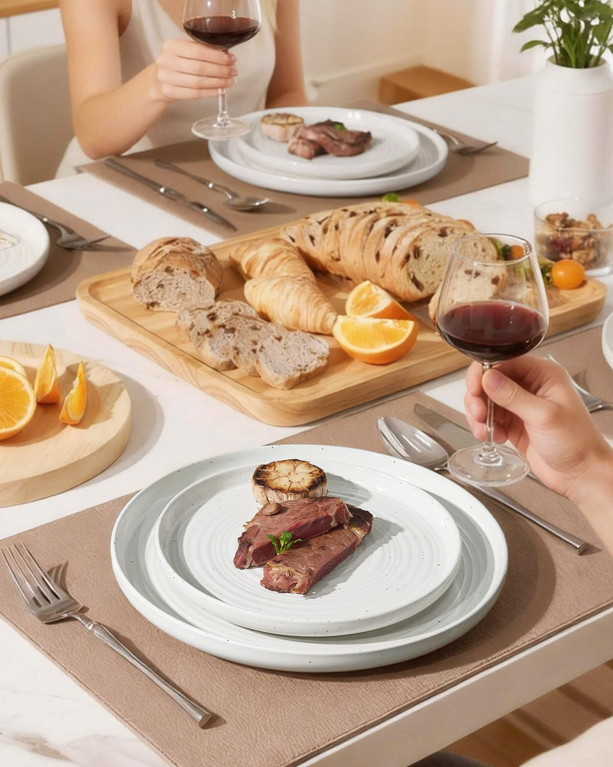 Famiware Premium 24-Piece Stoneware Dinnerware Sets for 8 - Coupe Plates and Bowls with Speckles & Spirals - Chip & Scratch Resistant, Microwave & Dishwasher Safe - Farmhouse Dishes - Gift Box, White