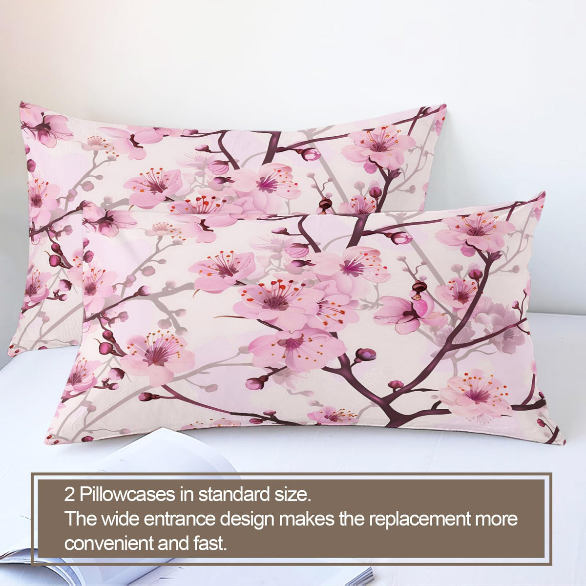 QINYUN Pink Floral Duvet Cover Oversized King, Cherry Blossoms Bedding Set 3 Piece, Girl Pink Flowers Duvet Cover with Zipper & Ties, 2 Pillowcases