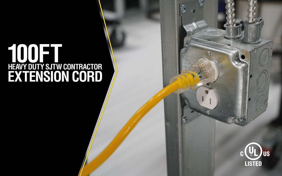 Yellow Jacket 2885 100ft. 12/3 SJTW 15Amp Premium Heavy Duty Contractor Extension Cord, Yellow