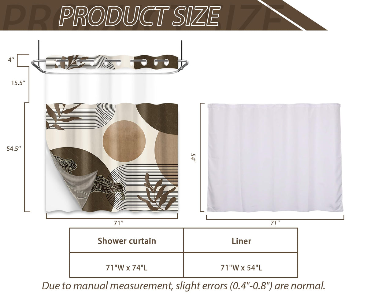 Hookless Shower Curtain with Snap-in Liner, Brown and Beige, 71" W x 74" L