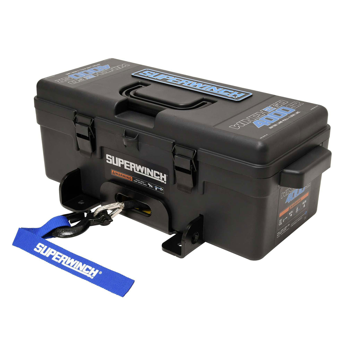 Superwinch 1140232 Winch2Go 12V DC Electric Portable Utility Winch 4000lb(1814.4kg) Single Line Pull with Steel Mounting Plate Integrated Hawse Fairlead 7/32" x 47' Synthetic Rope Handheld Remote