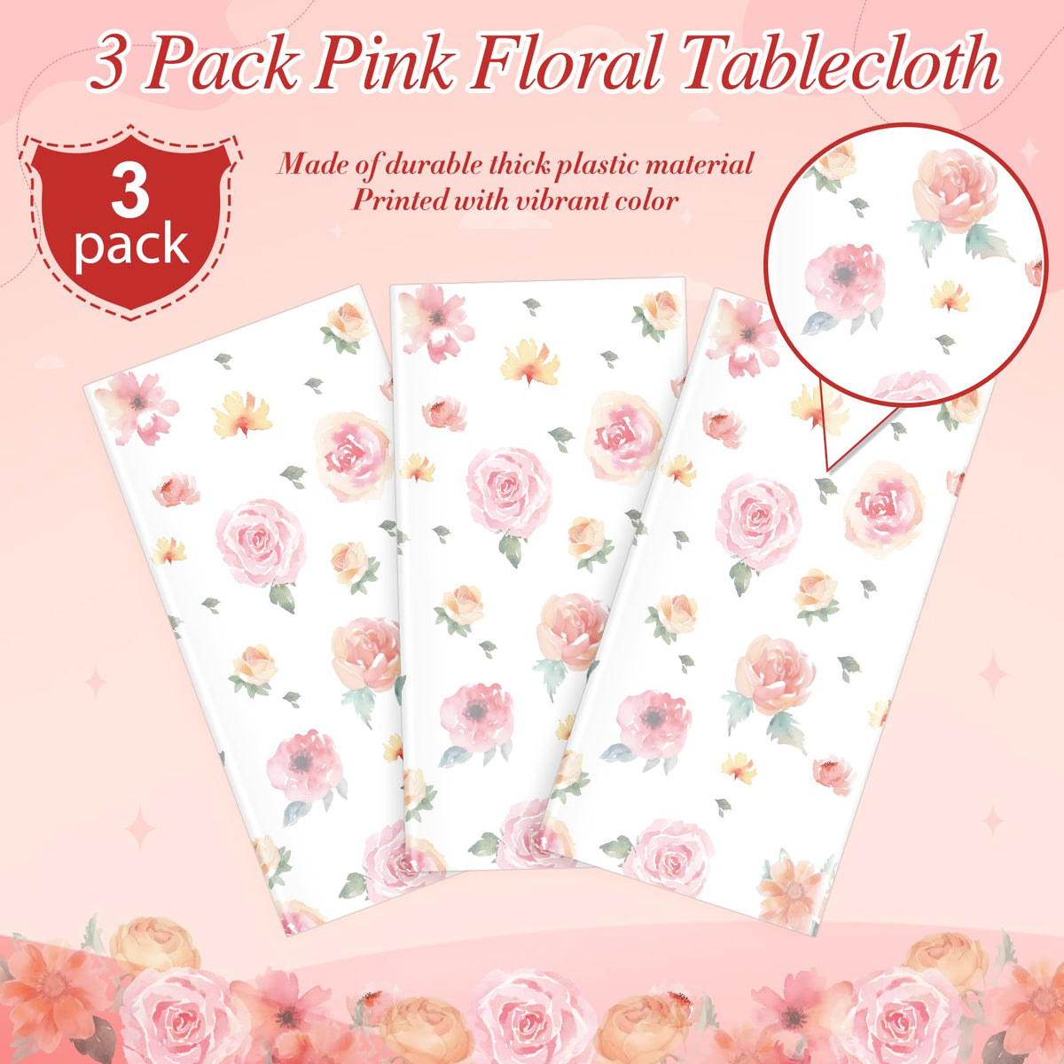 3 Pcs Spring Floral Tablecloth, Pink Wildflower Plastic Disposable Tablecloth Rectangle Table Covers for Easter, Birthday, Wedding, Baby Shower, Tea Party and Mothers Day Decorations,54 x 108 Inch