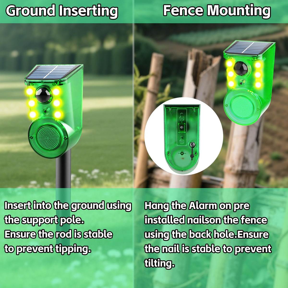 Solar Outdoor Motion Sensor Alarm - Ultrasound & Alarms 130db Motion Detector Loud Noise Maker,Strobe Light,for Home, Villa,Yard,Chicken coop,Farm,Barn.4 Work Modes.Say Goodbye to The Intruders 4Pack