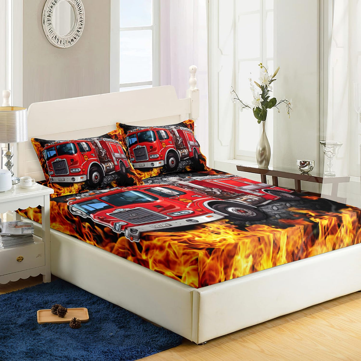 AILONEN Cartoon Red Fire Truck Fitted Sheet Set Twin Size, Fire Rescue Car Bedding Set for Kids,Boys,Girls,Teens,Red Firemen Car Vehicle Bed Sheet Set,3-Piece, 1 Fitted Sheet and 2 Pillowcases