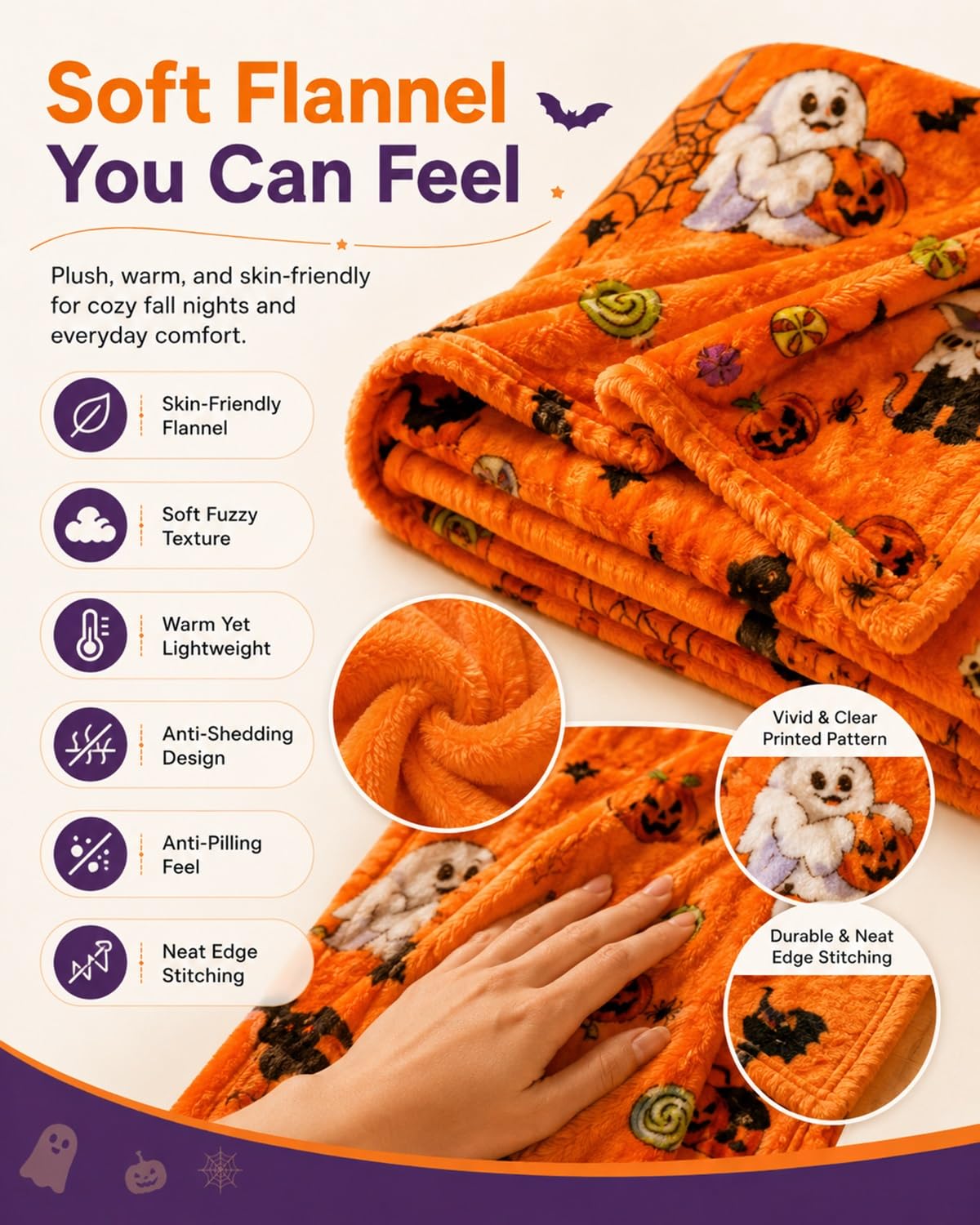 Halloween Throw Blanket Couch Cozy Flannel Decoration for Party Bed Soft Flannel Ghost Blanket Halloween Harvest Gifts Horror Ghost Bat Pumpkin(Model4,60x80in)