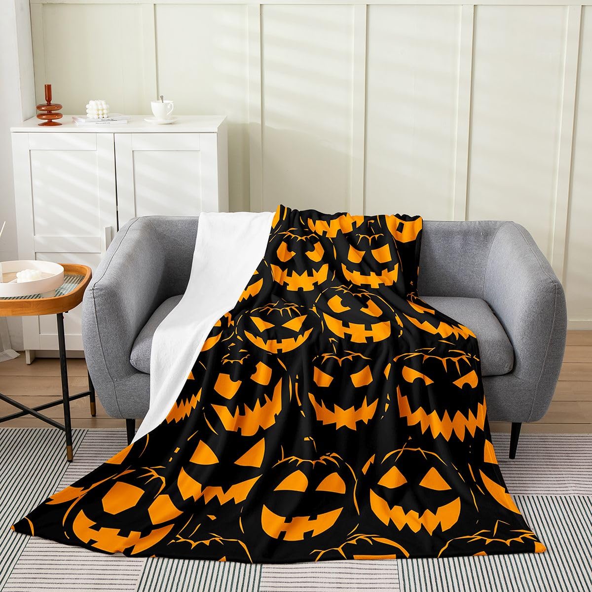 Feelyou Spooky Pumpkin Fleece Throw Blanket Halloween Themed Flannel Blanket Plush Fuzzy Trick or Treat for Bed Couch Chair Living Room Graveyard Throw 50"x60" Orange and Black Bedroom Decor