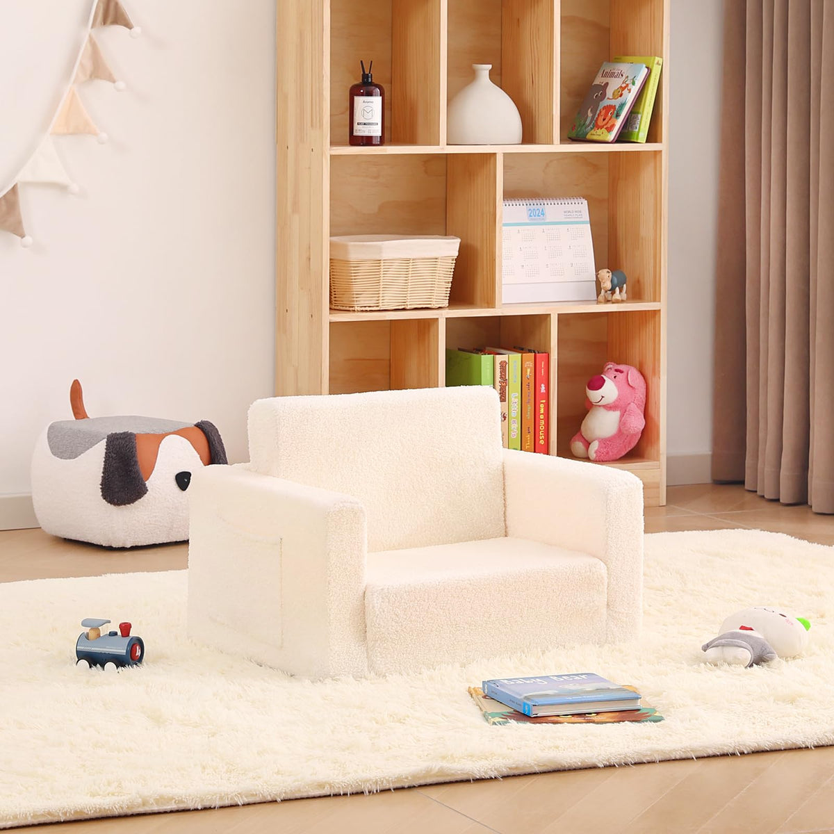 Givjoy Toddler Chair Sherpa Kids Couch, 2-in-1 Soft Kids Armchair Lounger for Bedroom, Convertible Sofa for Girls and Boys, Child Reading Chair for Playroom, Living Room, Pet, Beige