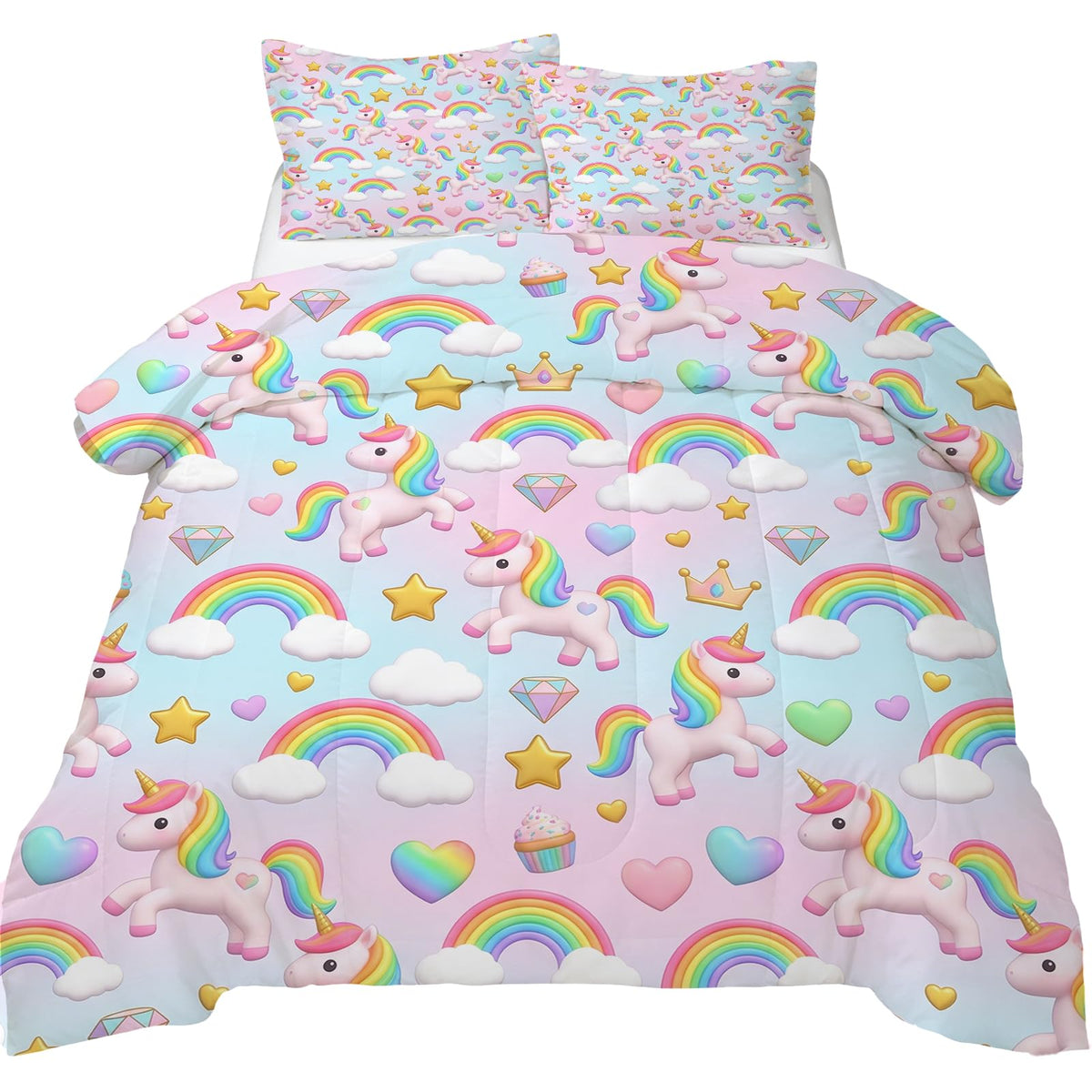 DJNEAR Kids Twin Comforter Sets for Girls, Cute Rainbow Unicorn Printed Kids Bedding Set, Cartoon Fantasy Room Decor for Girls, Lightweight Breathable All Season 1 Comforter 1 Pillowcase