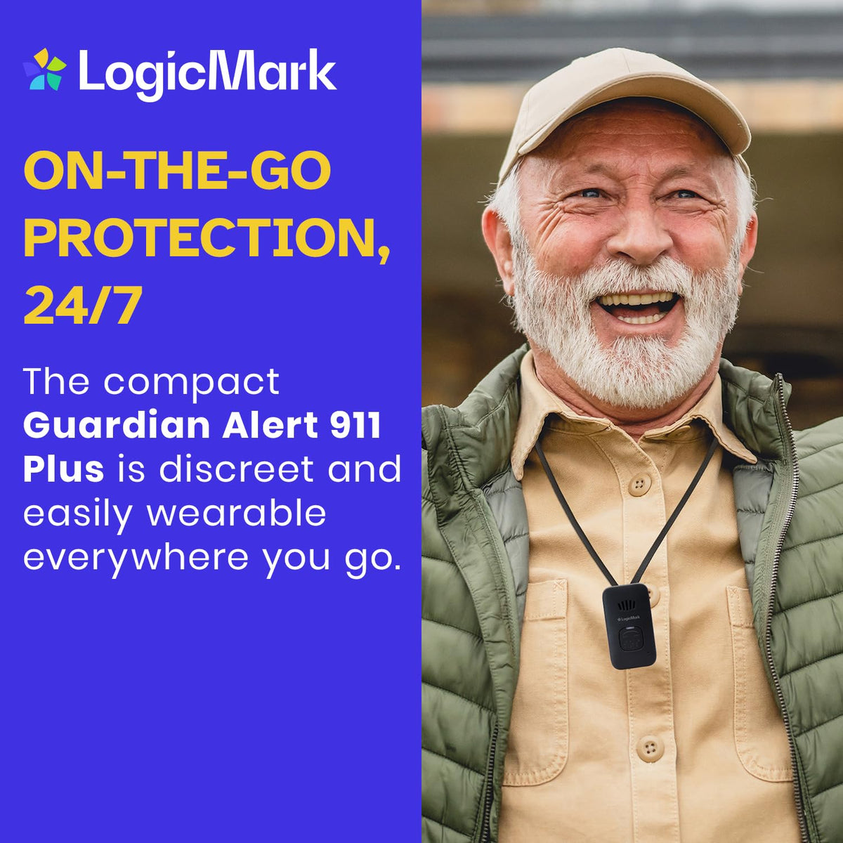 LogicMark Guardian Alert 911 Plus – No Monthly Fees, 2-Way Emergency Pendant for Seniors, with Fall Detection, Water Resistant, Direct 911 Connection Without a Landline