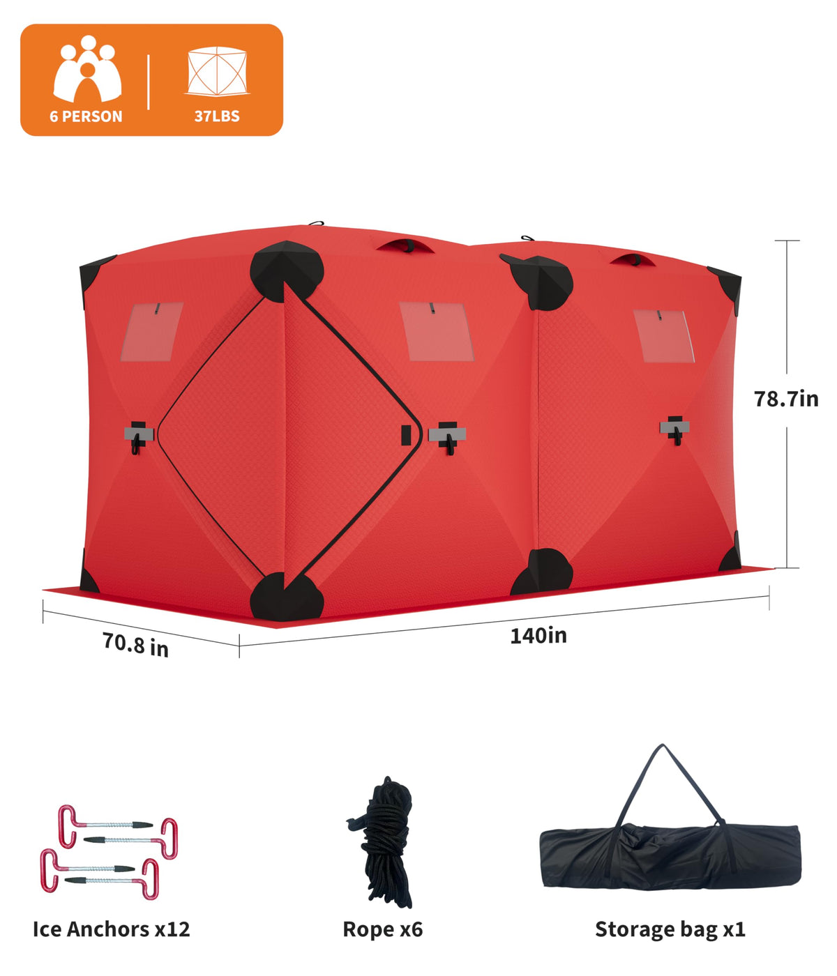 GarveeLife Ice Fishing Insulated Tent, 7-8 Person Shelter Large Pop-Up Portable Hub-Style Ice Fishing Shelter, 68 Square Feet of Fishable Area