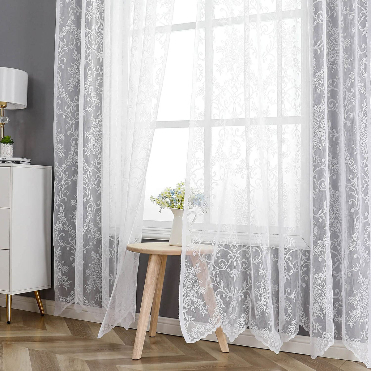 WUBODTI 84 Inch White Lace Curtains with Valances Attached 2 Panels, Floral Embroidered Semi Sheer Window Curtain Lace Tulle Rod Pocket Window Drapes with Valance for Living Room Bedroom Balcony