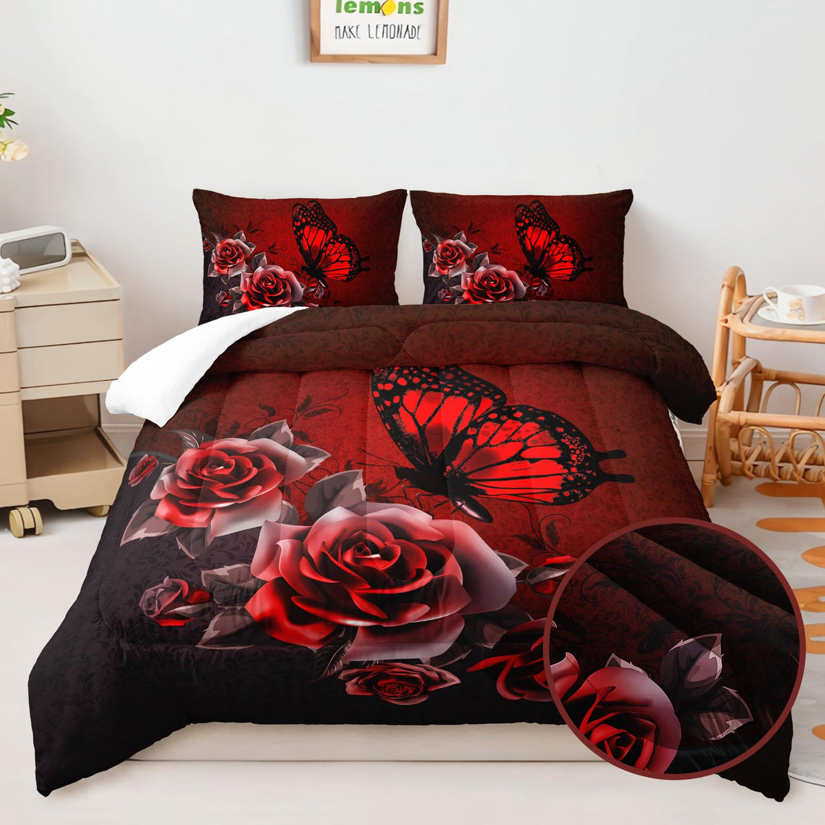 AILONEN Butterfly Comforter Set Queen Size, Red Rose Butterfly 3D Print Style Bedding Set for Teens Girls Women,Butterfly Art Pattern Soft Lightweight Duvet Set 3 Pieces(1 Comforter + 2 Pillowcases)