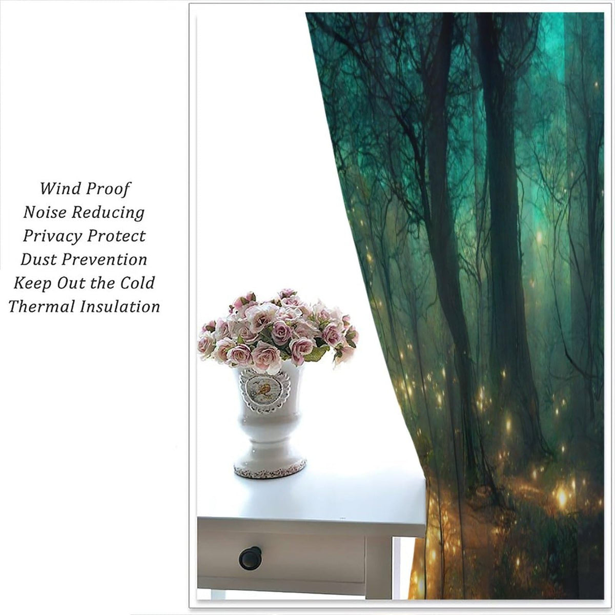 Fantasy Forest Curtains, Enchanted Trees Dreamy Mist Forest Glowing Lights Landscape Window Treatments Drapes for Bedroom Living Room 42x45in