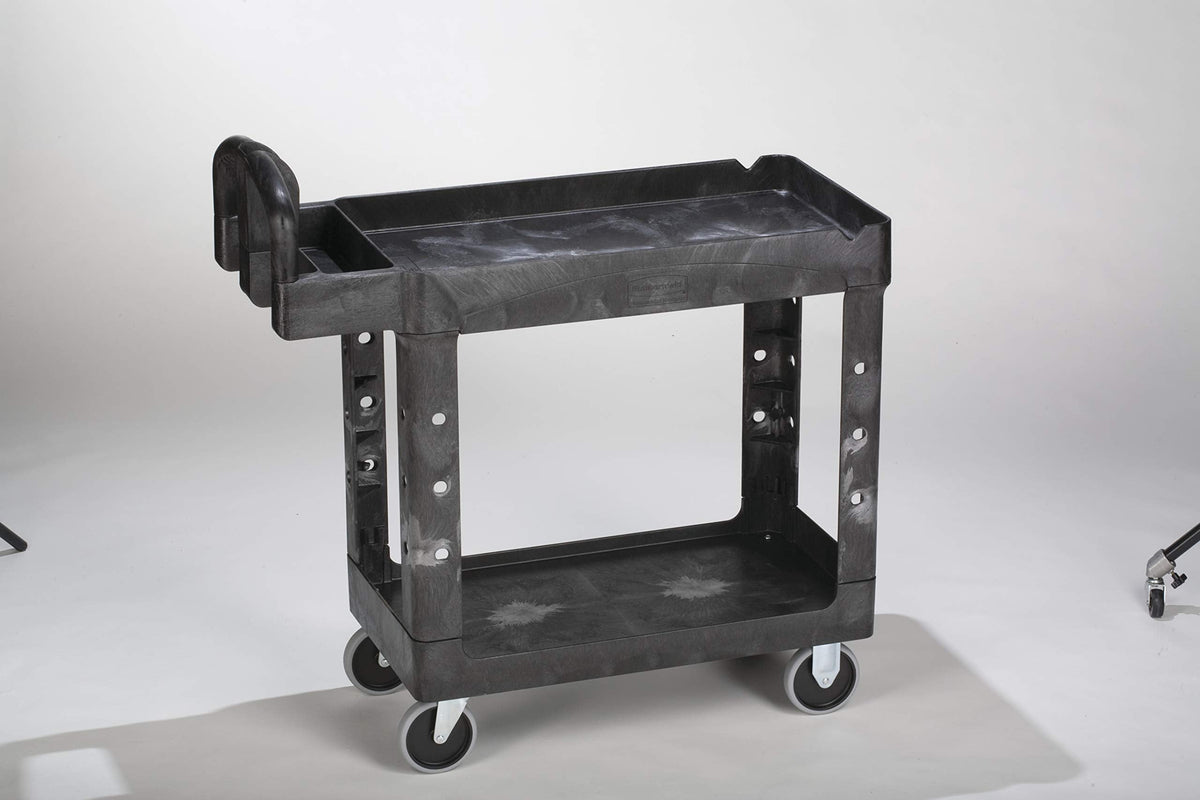 Rubbermaid Commercial Products 2-Shelf Utility/Service Cart, Small, Lipped Shelves, Ergonomic Handle, 500 lbs. Capacity, for Warehouse/Garage/Cleaning/Manufacturing