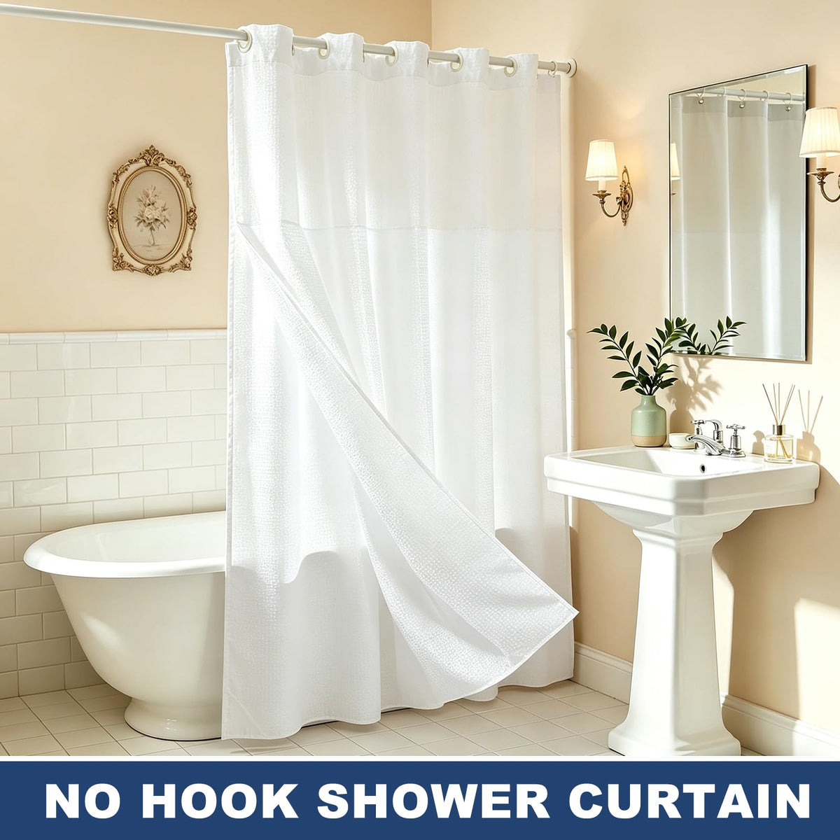 DTGN No Hook Shower Curtain, 71Wx72L Polyester Snap-in Removable Liner Set, Waterproof Washable Waffle Weave Textured Shower Curtains for Home Bathroom Hotel, Dark Gray