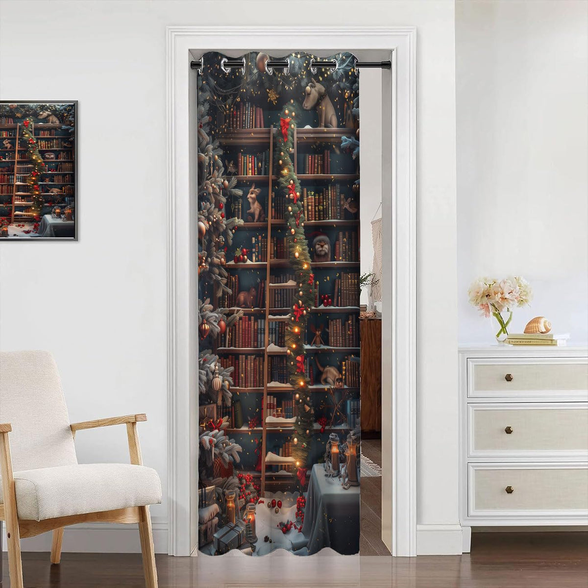 WUMINMIN Christmas Bookshelf Door Curtain for Doorway, Fantasy Library Books Room Darkening Curtain for Darkening Door Drape for Kid Teens Boys Teens, 1 Panel 34" W X 80" L