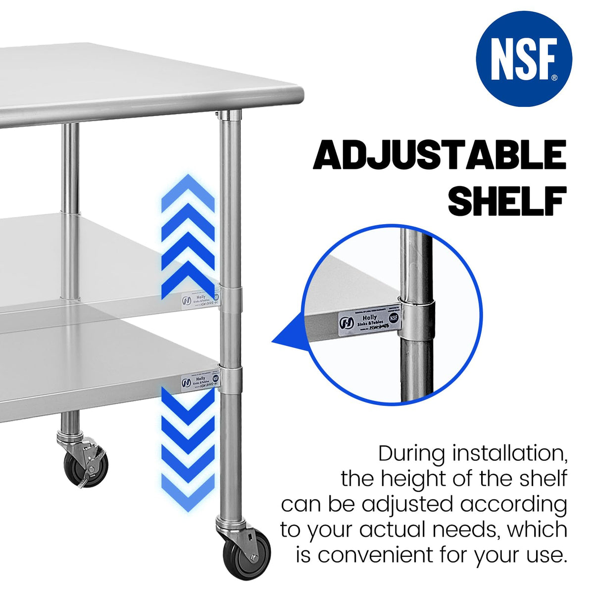 Hally Stainless Steel Table for Prep & Work 30 x 36 Inches with Caster Wheels, NSF Commercial Heavy Duty Table with Undershelf and Galvanized Legs for Restaurant, Home and Hotel