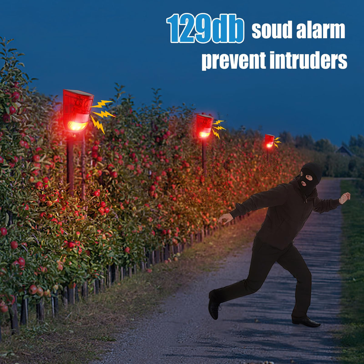 Qualirey Solar Sound and Light Alarm Motion Sensor 129db Outdoor Security Siren Waterproof Activated Detector Driveway Alarm 6 LEDs Flash Warning Deterrent Strobe System for Home, Farm(Red,8 Pack)