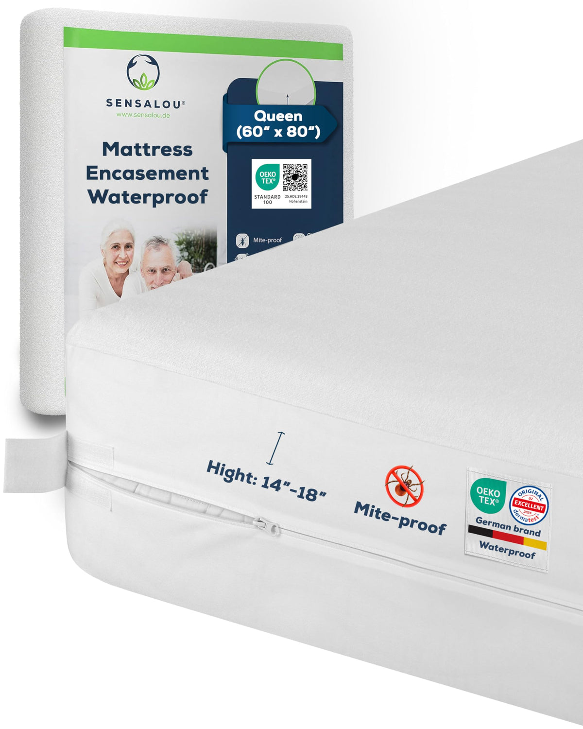 Sensalou Mattress Encasement Waterproof Queen – 5-Sided Terry Cover for Families & Couples - Zipper Closure - Noiseless - Oeko-Tex & Dermatest Certified, Fits 18" Deep, White