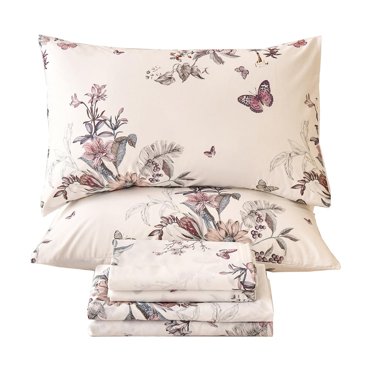 Huborise King Size Sheet Set Dusty Rose Floral Bed Sheets 100% Cotton 4Pcs, Light Pink Flower & Butterfly Printed Bed Set with Deep Pocket 17.5", Soft Breathable & Crisp, Luxury French Country Style