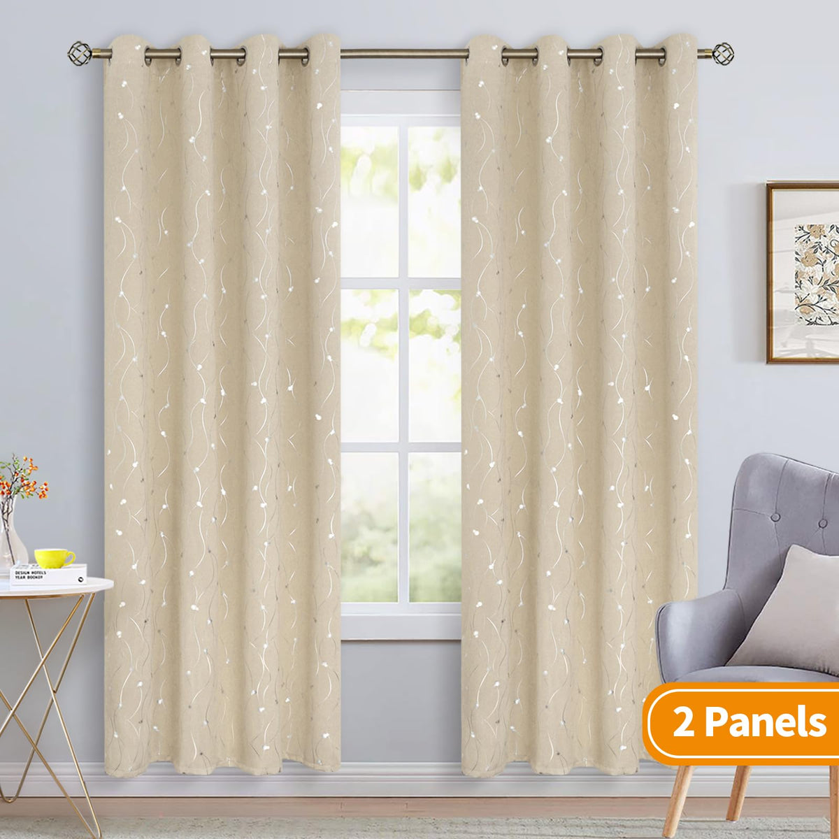 BGment Blackout Curtains 63 Inch Length 2 Panels Set, Grommet Thermal Insulated Blackout Curtains with Wave Line and Dots Printed for Bedroom, 2 Panels, Each 52 x 84 Inch, Champagne
