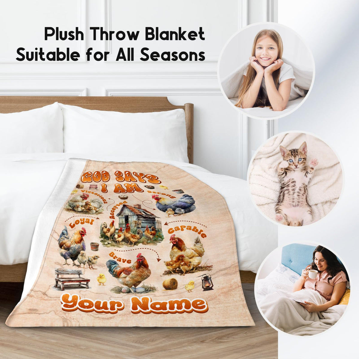 Custom Chicken Blanket with Name, Chicken Gifts for Women & Kids, Inspirational Fleece Throw Blanket, 50"x60"