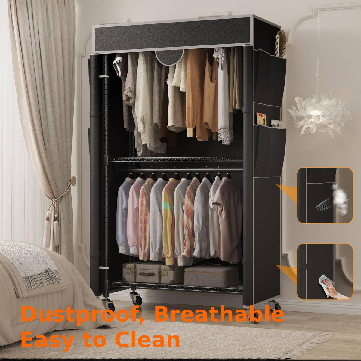 Homdox Garment Rack with Cover, Heavy Duty Clothing Rack for Hanging Clothes, Portable Closet Wardrobe, Double Rods Garment Rack with wheels, 35.1" W x 17.4" D x 80.6" H, Black