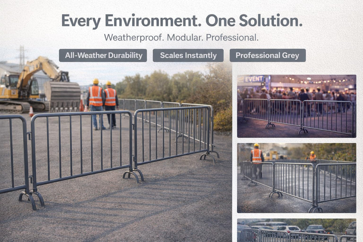AdirPro 5 ft Crowd Control Barricade, 4-Pack | Interlocking Steel Barricade Fence | Heavy-Duty 16-Gauge Weatherproof Steel | for Events, Construction, Road Closure & Parking Lots