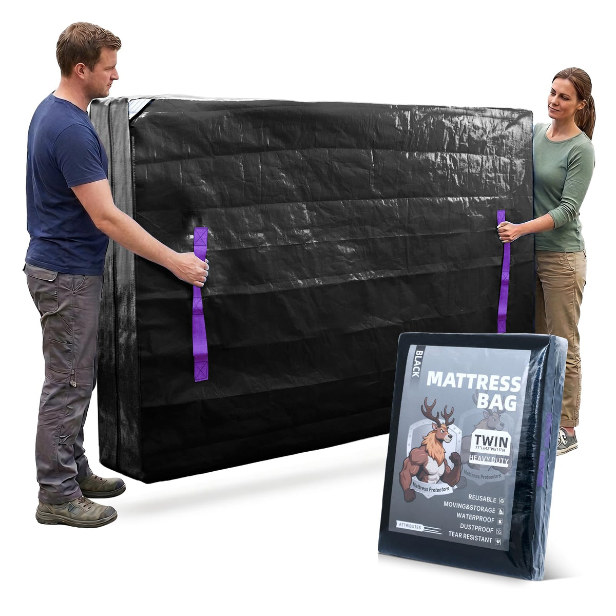 Tarpupu Mattress Bag for Moving Storage Handles Zipper Heavy Duty Twin Mattress Encasement Reusable Waterproof Mattress Cover Protector Moving Dorm Apartment Packing Storage (77"x42"x15" Black)