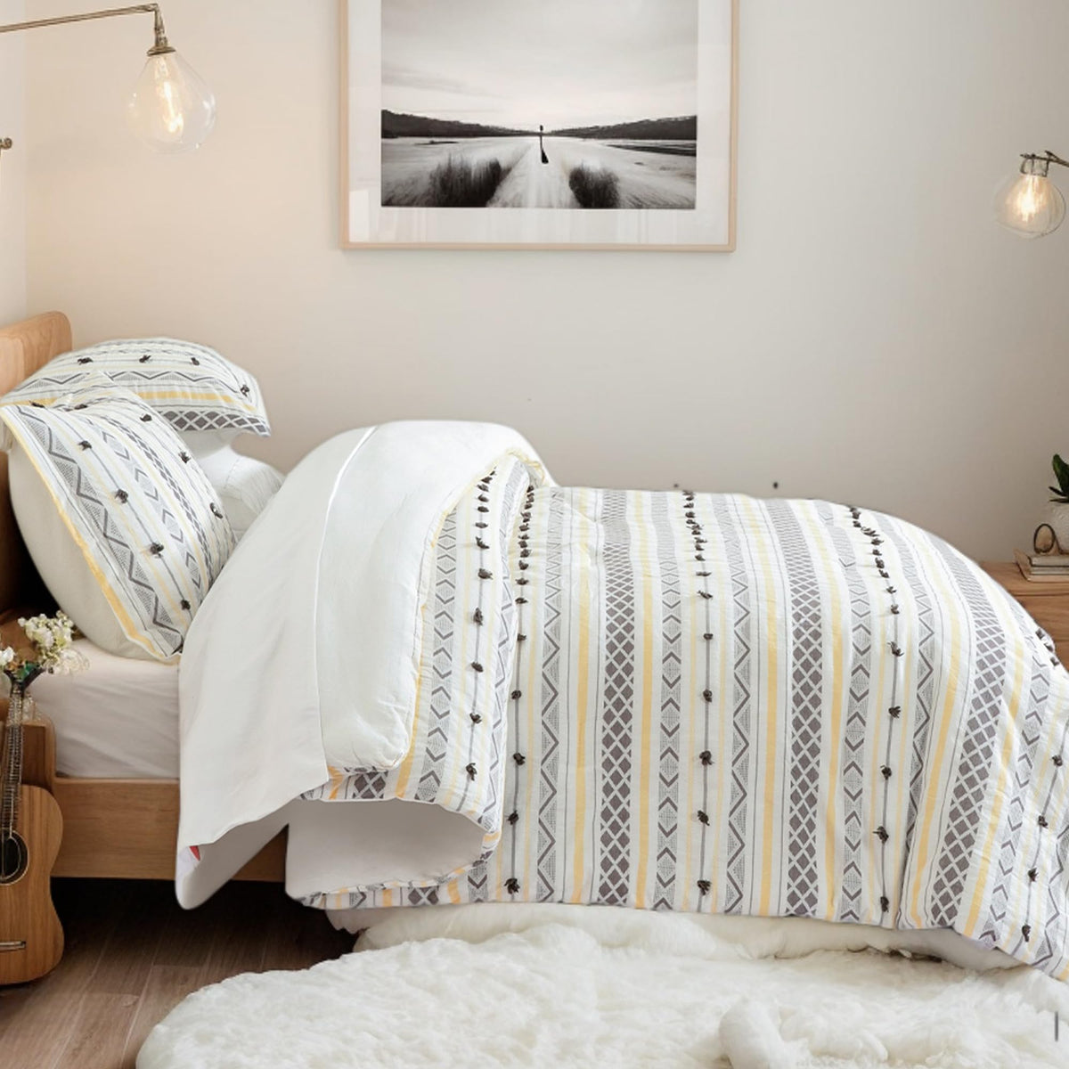 SLEEPBELLA Washed Double Layer Muslin 100% Cotton Comforter Set Queen Size, Yellow Grey Boho Fluffy Thick Checked Bedding Set, Soft Breathable(1 Comforter, 2 Pillow Shams)