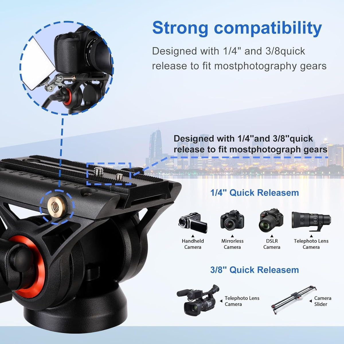 Video Tripod, COMAN 74" Professional Heavy Duty Camera Tripods with Quick Release Plate and 360° Fluid Head, Tall Travel Tripod Stand for DSLR, Camcorder, Aluminum Twin Tube Leg, Max Load:17.6lbs/8Kg